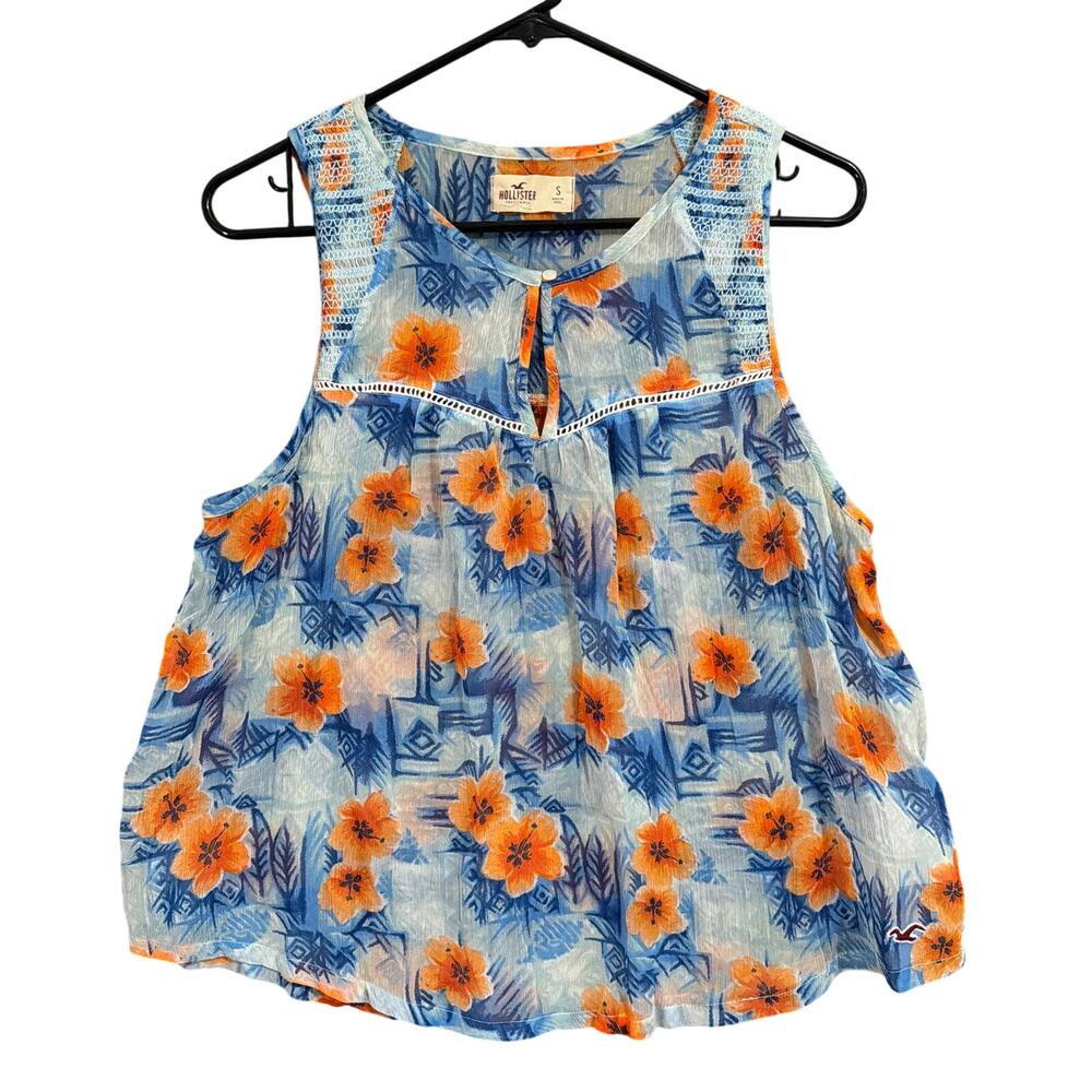 Hollister Womens Blouse Blue Orange Sheer Floral V Neck Sleeveless Lightweight S